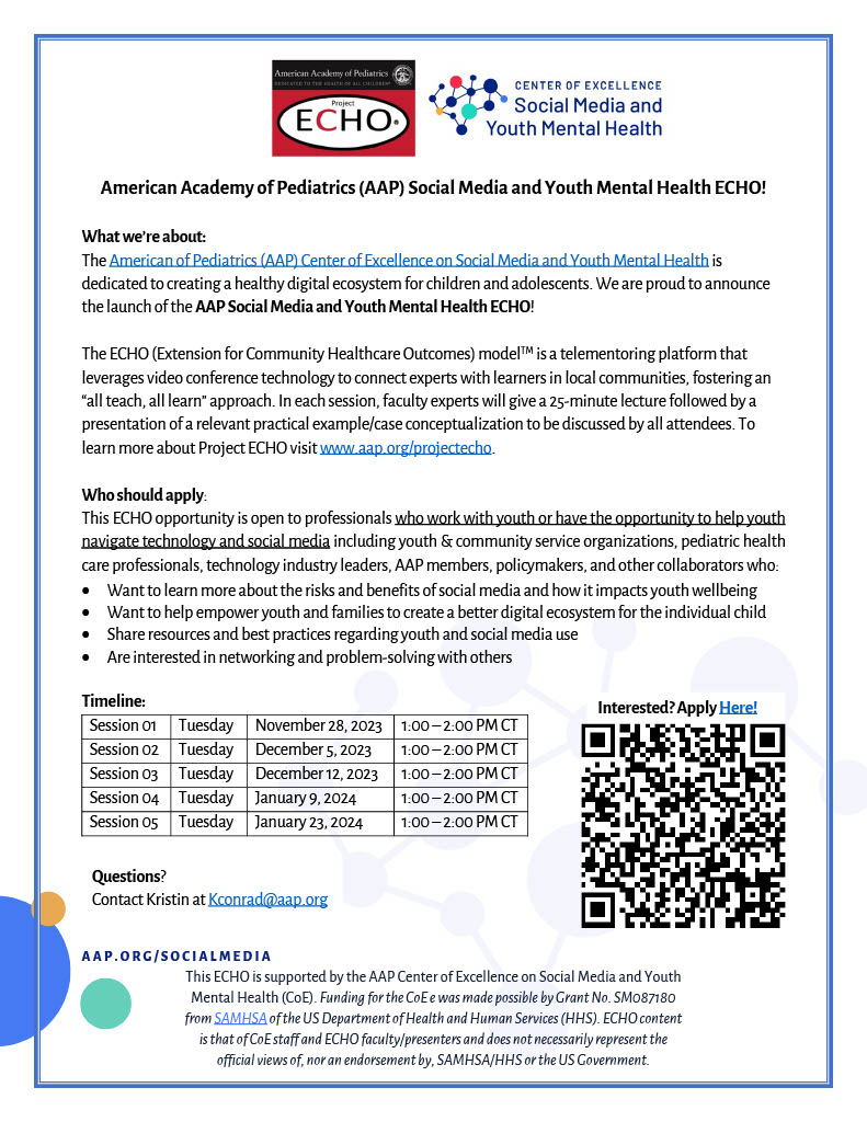 Flyer for a learning collaborative with American Academy of Pediatrics (AAP) Social Media and Youth Mental Health ECHO