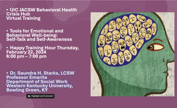 PowerPoint slide with maroon background and white text on the left. Text is the title and presenter name. On the right side of the slide is a drawing of a person's head in profile. The head's brain is filled with yellow faces all depicting different emotions.