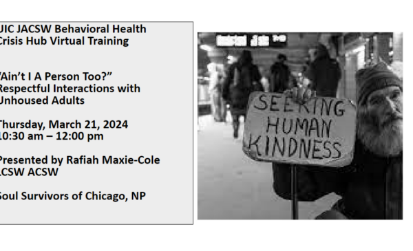 PowerPoint slide with grey textbox on the left containing the presentation title, date, and presenter’s name. On the right side is a black and white photograph of an older man with a white beard looking at the camera. He is wearing a beanie. He holds a sign that says “SEEKING HUMAN KINDNESS”